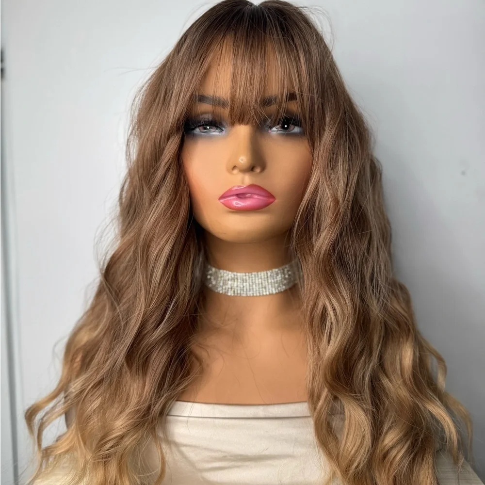 Long Wavy Synthetic Wig w/ Curtain Bangs – Mocha Brown Balayage – Natural Waves